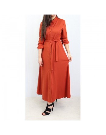 Robe chemise entièrement boutonnée avec ceinture pour femme - Couleur rouge-orange - Marque Amelis Paris 