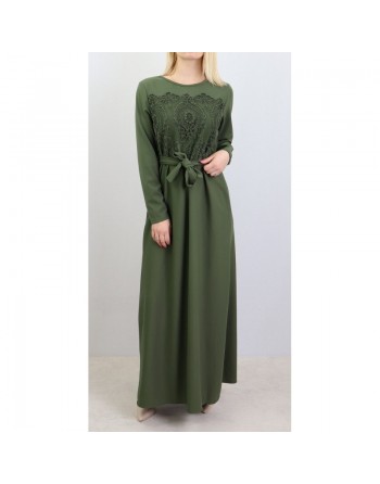 Robe avec broderie en dentelle, ceinture et poches - Couleur vert kaki 