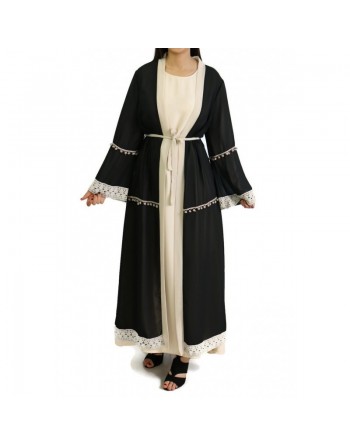 Kimono en mousseline avec ceinture et broderies - Couleur Noir et crème 