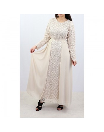 Robe longue évasée pailletée avec doublure et ceinture couleur crème 