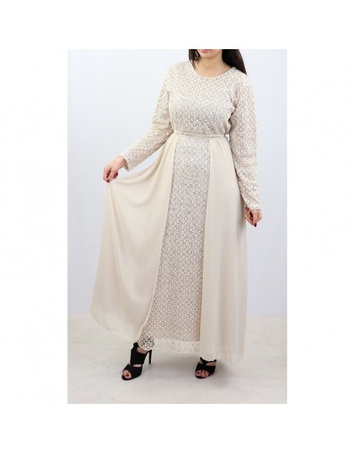 Robe longue évasée pailletée avec doublure et ceinture couleur crème Robe longue évasée pailletée avec doublure et ceinture couleur crème
