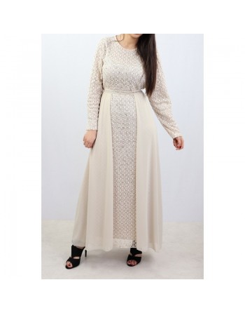 Robe longue évasée pailletée avec doublure et ceinture couleur crème 