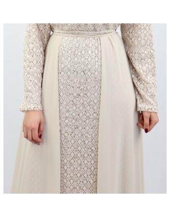 Robe longue évasée pailletée avec doublure et ceinture couleur crème 