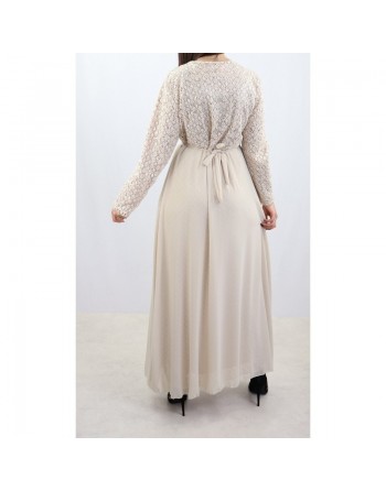 Robe longue évasée pailletée avec doublure et ceinture couleur crème 