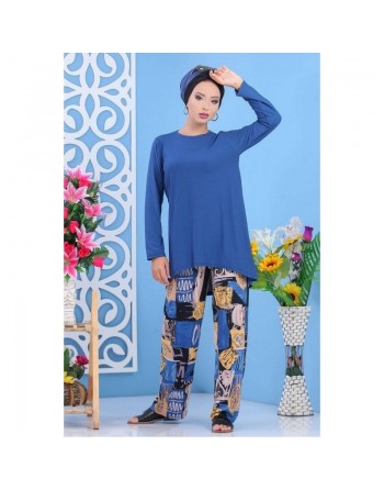 Ensemble deux pièces tunique + pantalon pour femme - Couleur bleu indigo 