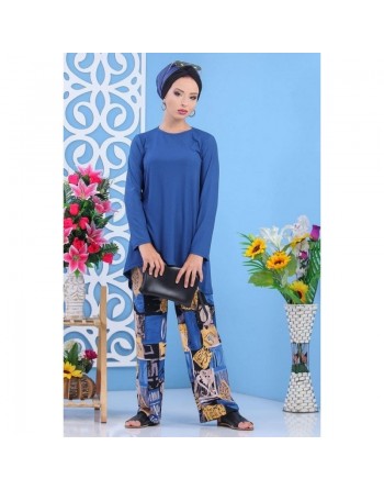 Ensemble deux pièces tunique + pantalon pour femme - Couleur bleu indigo 
