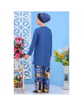 Ensemble deux pièces tunique + pantalon pour femme - Couleur bleu indigo 