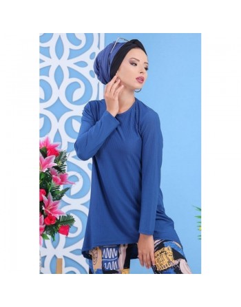 Ensemble deux pièces tunique + pantalon pour femme - Couleur bleu indigo 