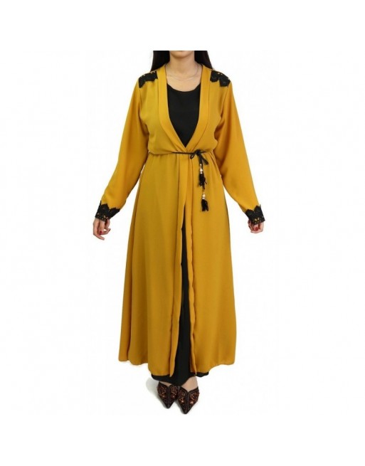 Robe longue noire avec kimono intégré pour femme - Couleur jaune moutarde Robe longue noire avec kimono intégré pour femme - Couleur jaune moutarde