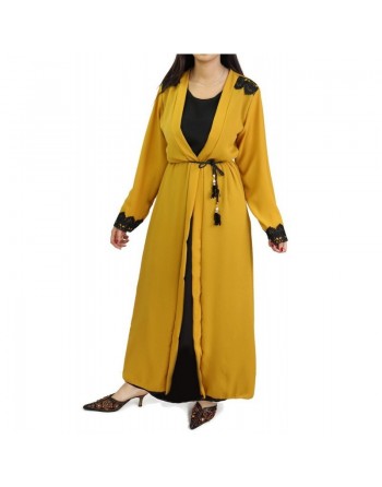 Robe longue noire avec kimono intégré pour femme - Couleur jaune moutarde 