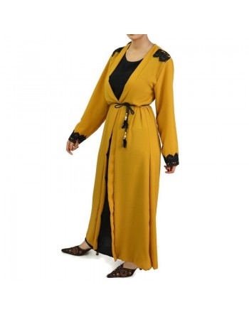 Robe longue noire avec kimono intégré pour femme - Couleur jaune moutarde 