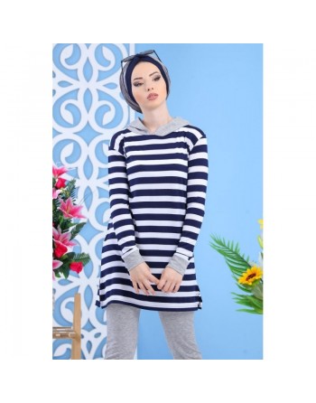 Ensemble décontracté pour femme : Pantalon Gris + Tunique de couleur blanche à rayures bleues marines 