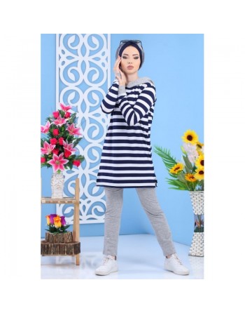 Ensemble décontracté pour femme : Pantalon Gris + Tunique de couleur blanche à rayures bleues marines 
