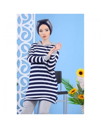 Ensemble décontracté pour femme : Pantalon Gris + Tunique de couleur blanche à rayures bleues marines 
