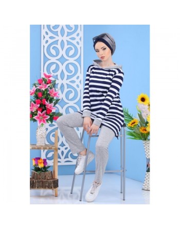 Ensemble décontracté pour femme : Pantalon Gris + Tunique de couleur blanche à rayures bleues marines 