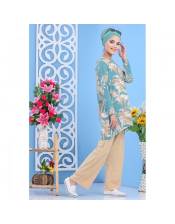 Tenue décontractée 2 pièces Tunique et Pantalon pour femme - Couleur Vert clair et Beige 