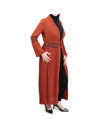 Gilet long plissé avec ceinture - Couleur rouge brique 