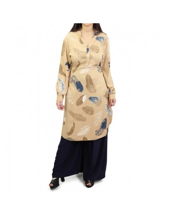 Tunique boutonnée avec ceinture - Couleur camel avec motifs 