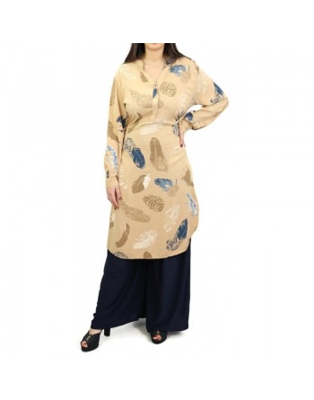 Tunique boutonnée avec ceinture - Couleur camel avec motifs 