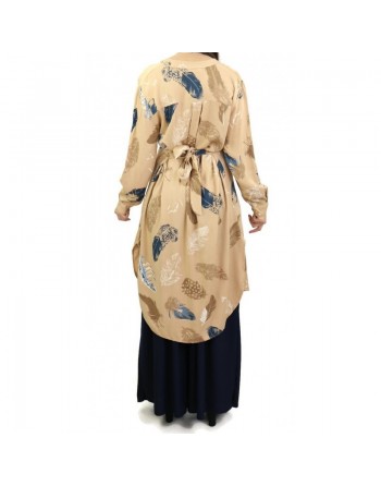 Tunique boutonnée avec ceinture - Couleur camel avec motifs 