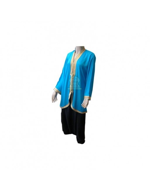 Tunique marocaine bleue turqoise courte avec noeuds multicouleurs Tunique marocaine bleue turqoise courte avec noeuds multicouleurs