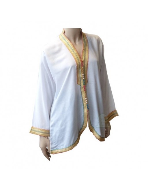Tunique marocaine blanche courte avec noeuds multicouleurs Tunique marocaine blanche courte avec noeuds multicouleurs