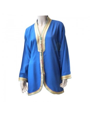 Tunique marocaine bleue foncée courte avec noeuds multicouleurs 
