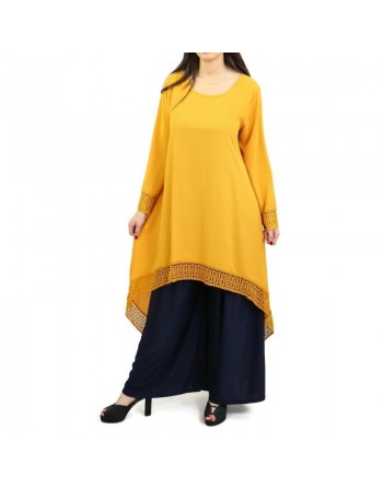 Tunique ample évasée avec dentelle pour femme - Couleur jaune moutarde 