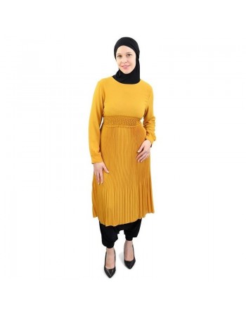 Tunique évasée plissée - Couleur jaune moutarde 