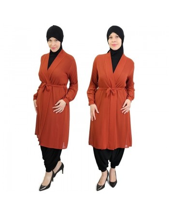 Cardigan mousseline manches plissées couleur brique 
