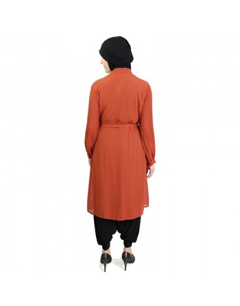 Cardigan mousseline manches plissées couleur brique 
