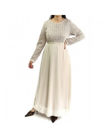 Robe longue évasée pailletée avec doublure et ceinture couleur beige 