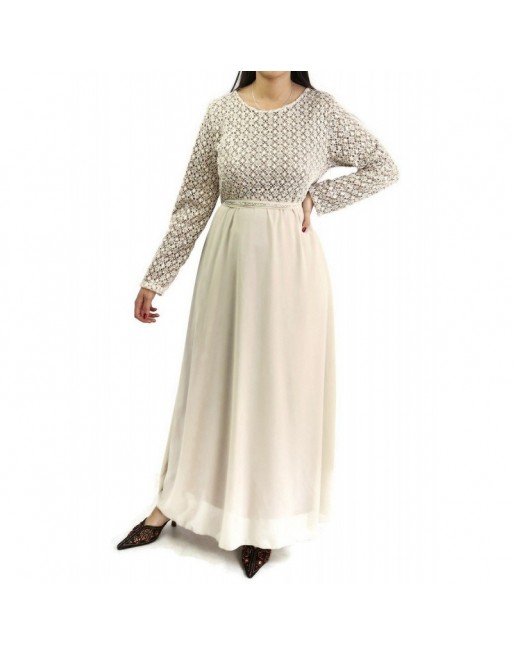 Robe longue évasée pailletée avec doublure et ceinture couleur beige Robe longue évasée pailletée avec doublure et ceinture couleur beige