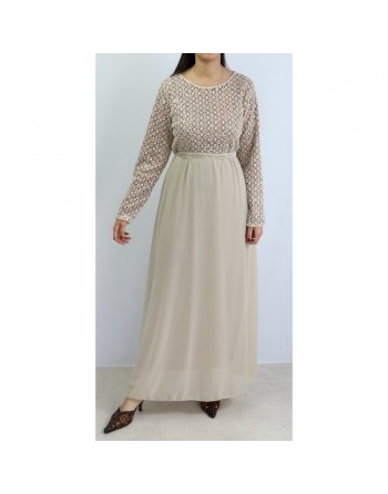 Robe longue évasée pailletée avec doublure et ceinture couleur beige 