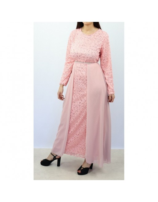 Robe longue évasée pailletée avec doublure et ceinture couleur rose clair Robe longue évasée pailletée avec doublure et ceinture couleur rose clair