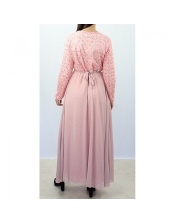 Robe longue évasée pailletée avec doublure et ceinture couleur rose clair 