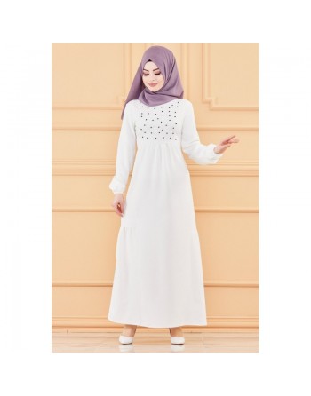 Robe de soirée longue perlée chic et classe (Vêtement hijab habillé pour femme) - Couleur blanc 