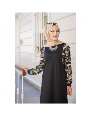 Robe longue noire motifs fleuris "jungle" (Abaya hijab moderne) 