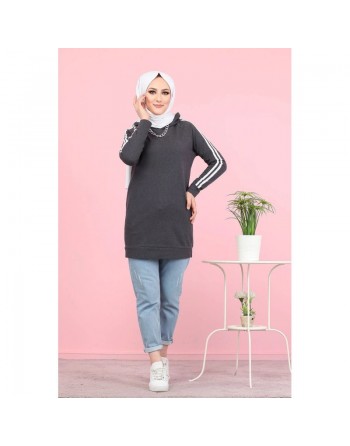 Tunique décontractée Sweat à capuche pour femme (Sweat-shirt moderne & Modest Fashion) - Couleur anthracite (Gris chiné) 