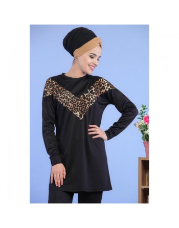 Ensemble survêtement femme 2 pièces motif léopard (Vêtement Sport Grande Taille) - Couleur Noir 