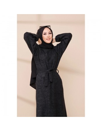 Robe tissu polaire avec ceinture (Vêtement Hijab Saison Automne-Hiver) - Couleur noir 