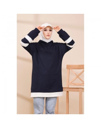 Tunique décontractée avec capuche (Sweat long pour femme voilée) - Couleur bleu nuit avec bandes blanches 