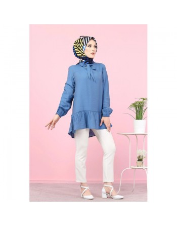 Tunique à volant (Vetement tendance femme voilée) - Couleur bleu indigo 