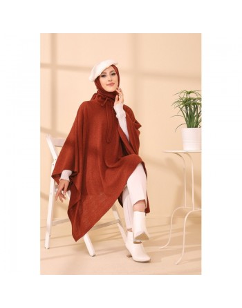 Poncho avec col pour femme (Cape pour hijab) - Couleur brique 