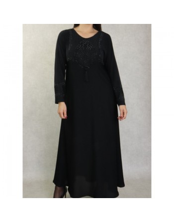Robe Abaya Dubaï noire de qualité avec broderie et strass dorés et ceinture interne 