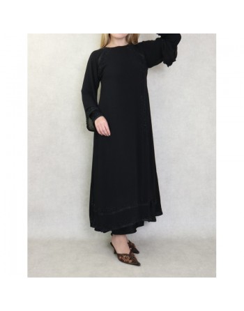Robe Abaya Dubaï noire de qualité avec nombreuses perles noires et strass 