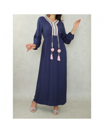 Robe longue décorée de pompons pour femme - Couleur Bleu marine 