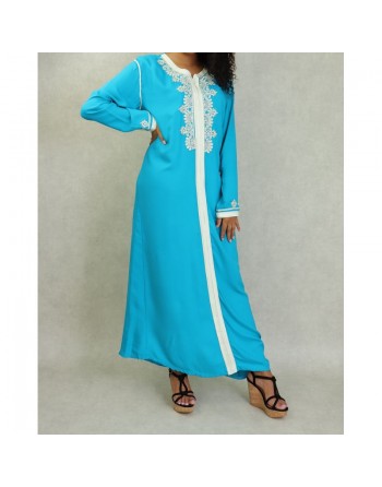 Robe Marocaine longue avec broderies et strass style caftan - Couleur Bleu turquoise 
