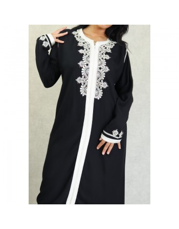 Robe Marocaine longue avec broderies et strass style caftan oriental pour femme - Couleur Noir 