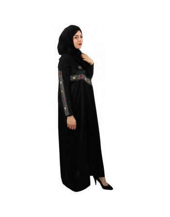 Abaya femme avec son châle assorti (voile/hijab) - Robe emirati (Dubai) avec décoration en strass et pierres rectangulaires c...